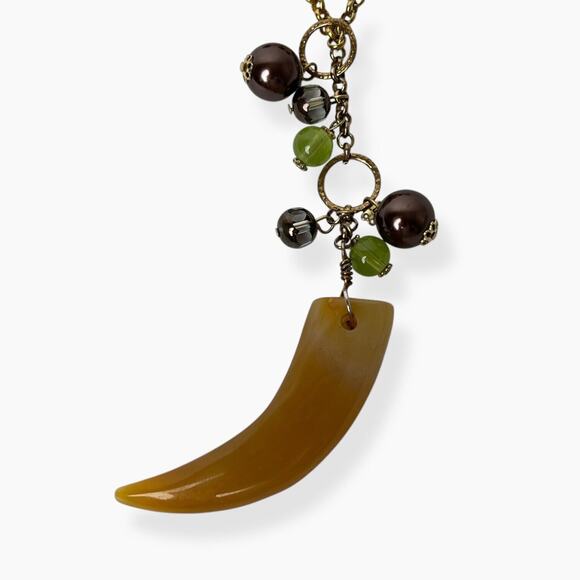 Necklace Horn Pendant Acrylic Brown Green Beads 2-Strand Chain Gold Tone Boho - Picture 2 of 11